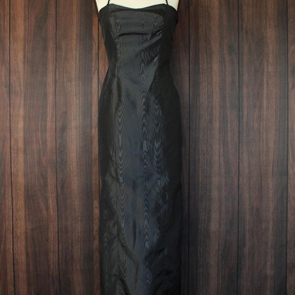 Vintage 1960s Dress, Black Taffeta Maxidress, Long Wiggle Moire, Sequin Trim - Picture 2 of 10